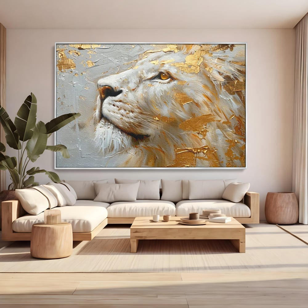 Tablou canvas cu pictura cu profil de leu alb si auriu, in rama de aluminiu argintiu, pe perete intr-un living